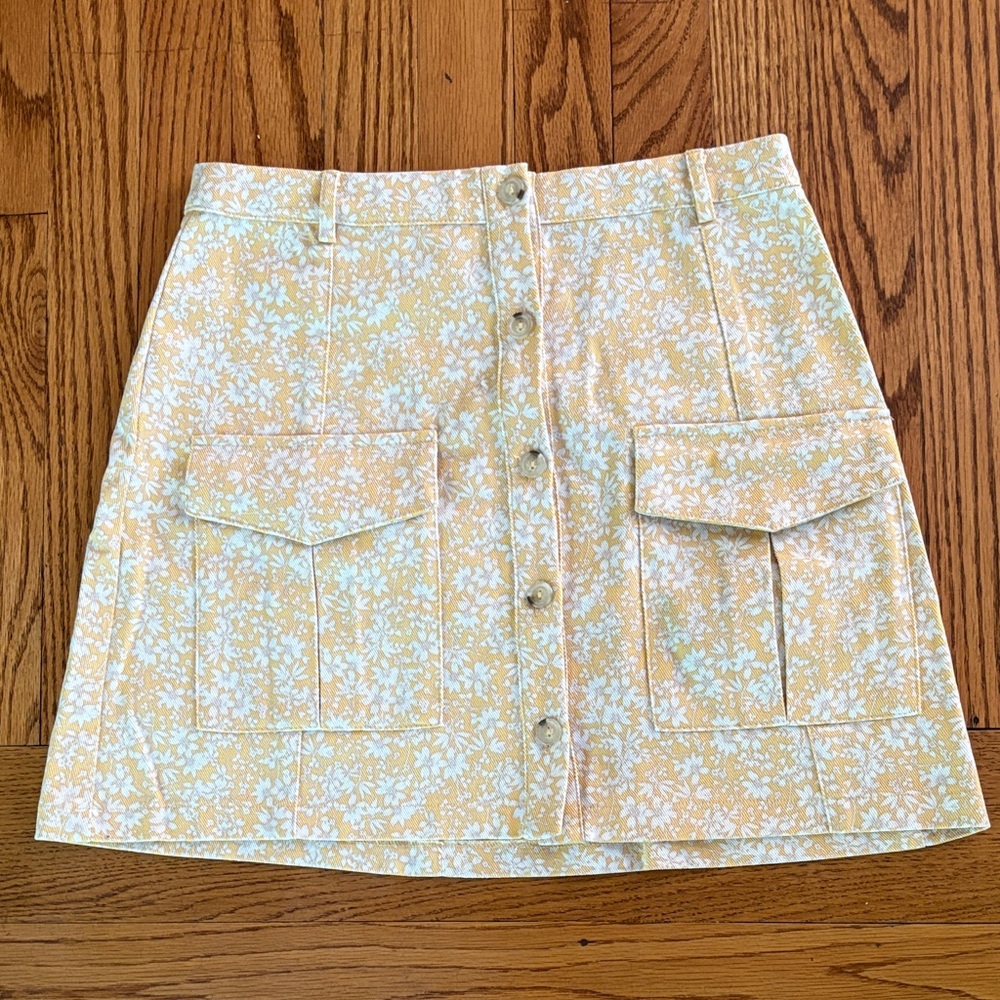 Bp Nordstrom Yellow Floral Button-Front Pocket jean Skirt size small